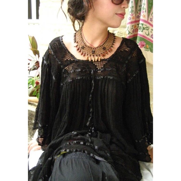 Mexican crochet lace bell sleeves blouse boho chic angel tunic
